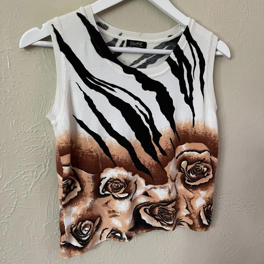 Y2K Abstract Rose Print Zebra Knit Tank Top Cropped Fit Brown Neutral Palette
